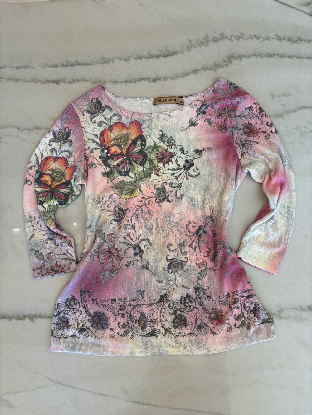 Vintage Y2K Notations Butterfly boat neck 3/4 sleeve sweater top Fairycore Sz S
